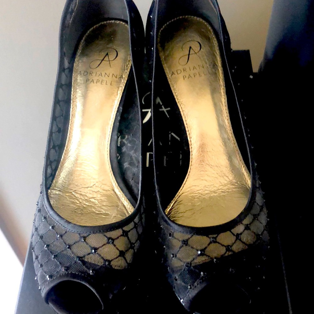 Black satin and mesh peep toe heels. Sz. 7